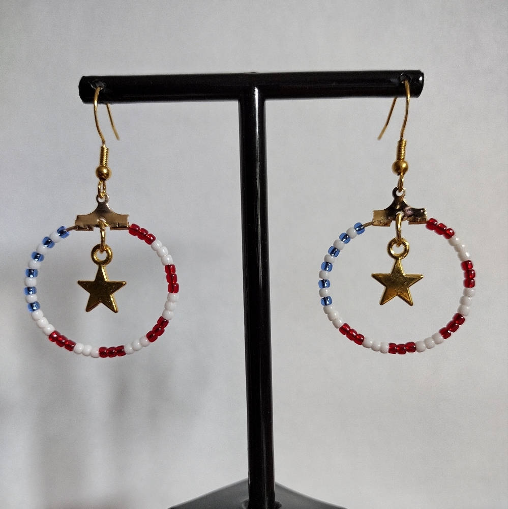 Fourth of July Star Charm 2" Beaded Hoop Dangle S925 Earrings